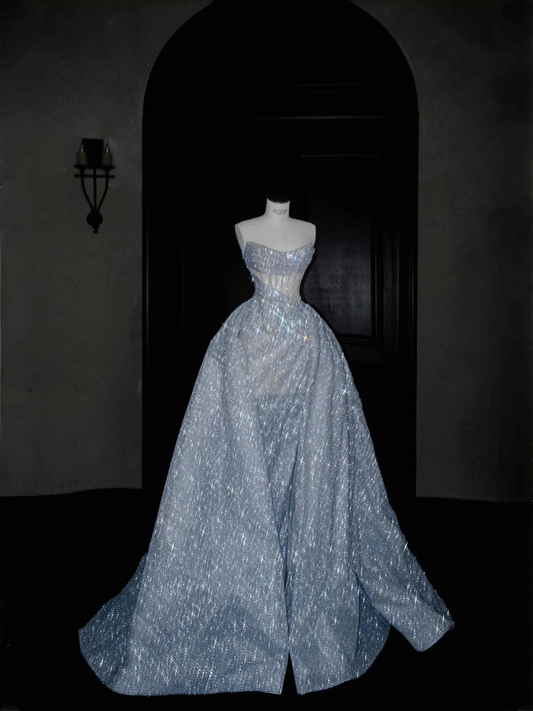 Glitter Strapless Blue Tulle Sequins A Line Prom Dress Evening Dress,Formal Wedding Dress Y8676
