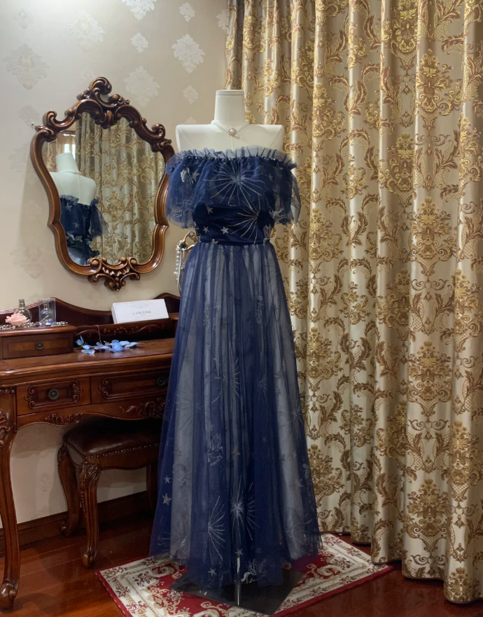 Glamorous Off The Shoulder Tulle A Line Long Wedding Guest Dress Navy Blue Birthday Prom Dress Evening Gown SP1609