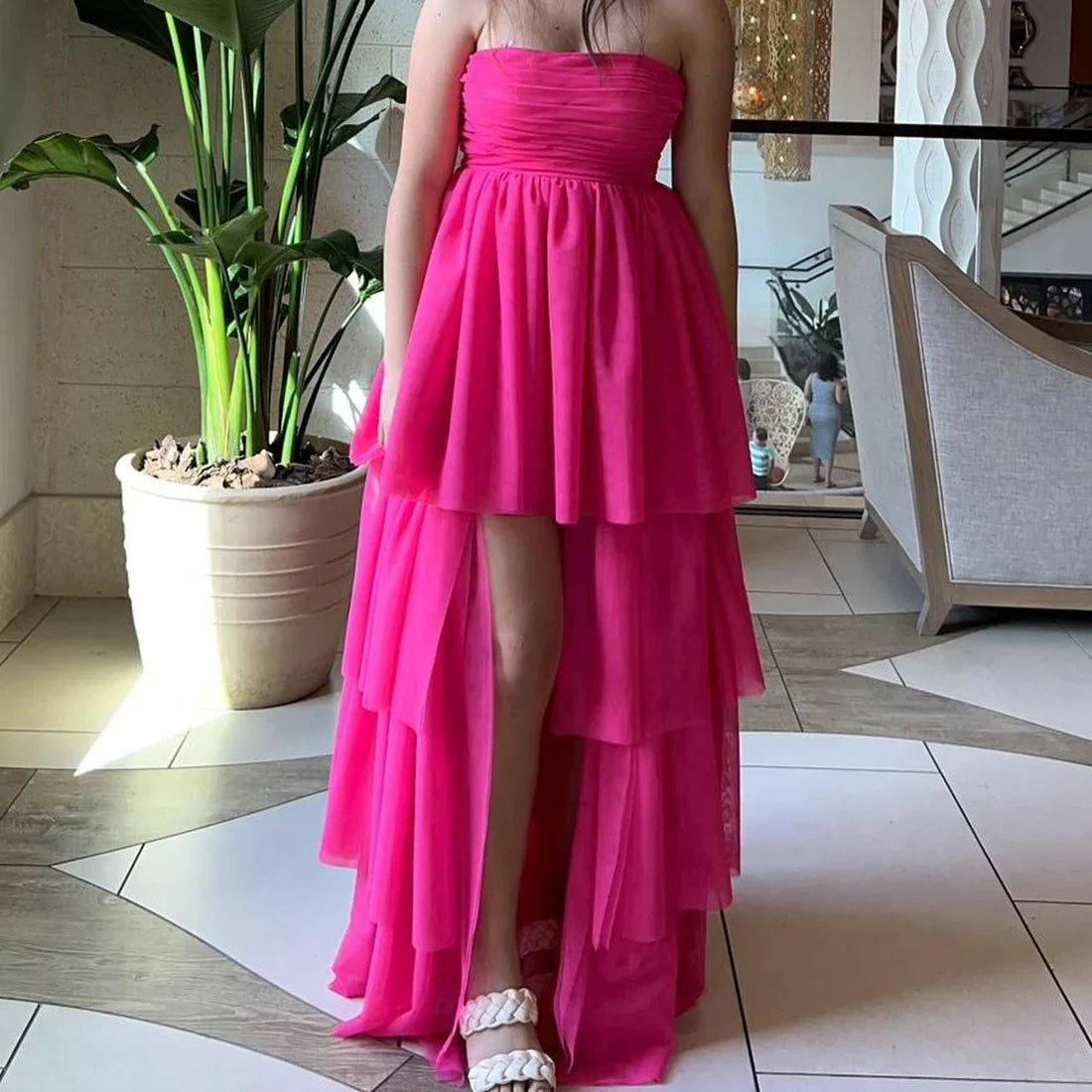 Fuchsia A-Line Strapless Layers Cute Party Dress Off Shoulder Formal Dress With Slit Wholesale