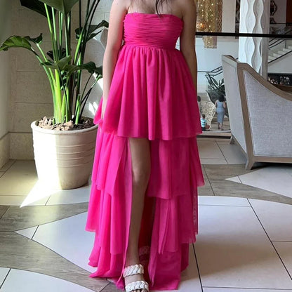 Fuchsia A-Line Strapless Layers Cute Party Dress Off Shoulder Formal Dress With Slit Wholesale