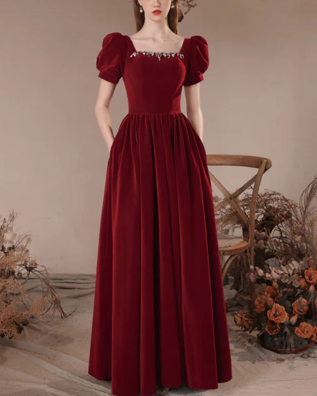 omberprom Wine Red Short Sleeves A-line Velvet Prom Dress Party Dress Bridesmaid Dress Elegant Evening Dress Wholesale
