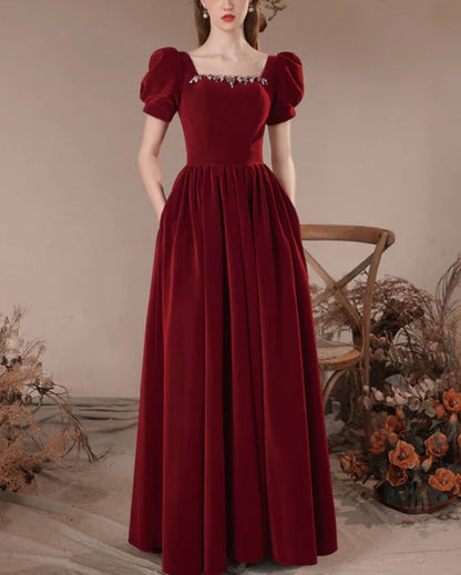 omberprom Wine Red Short Sleeves A-line Velvet Prom Dress Party Dress Bridesmaid Dress Elegant Evening Dress Wholesale