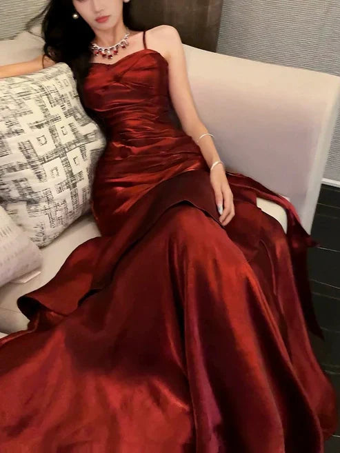 omberprom Charming Wine Red Spaghetti Straps Long Prom Dress Elegant Party Dress Birthday Outfits Evening Dress Wholesale