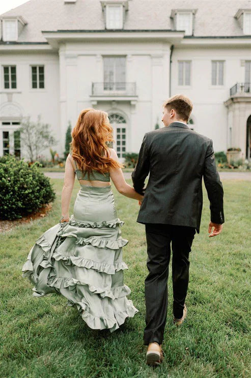 Sage A-Line Ruffles Tiered A-Line Satin Long Prom Dress Sexy Party Dress Formal Dress Wholesale