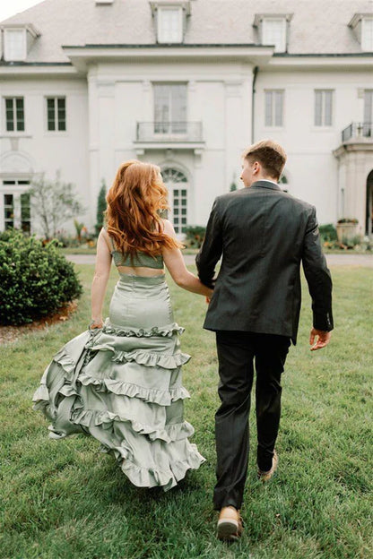 Sage A-Line Ruffles Tiered A-Line Satin Long Prom Dress Sexy Party Dress Formal Dress Wholesale