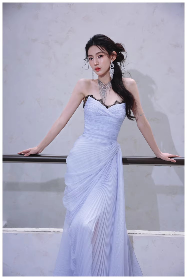 Classy Haze Blue Strapless Tulle Pleated Mermaid Long Party Dress Evening Gown