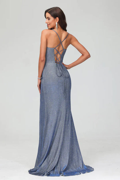 omberprom Elegant Sleeveless Pleated Sheath Glitter Sweep Train Gown With High Slit