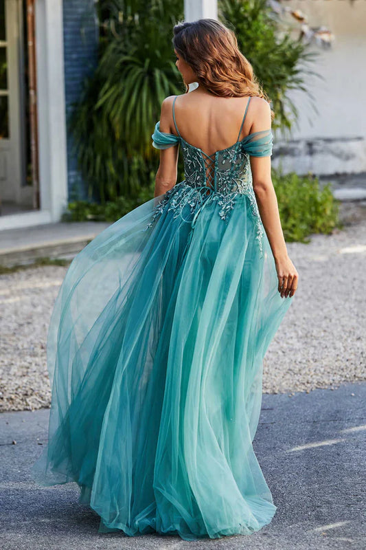 omberprom Elegant A-Line Prom Dresses Off Shoulder Sweep Train Tulle Dress Charming Evening Dress