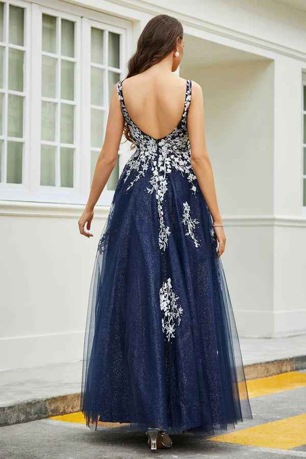 omberprom Elegant Evening Dress A-Line Prom Dresses Applique Tulle Long Gown