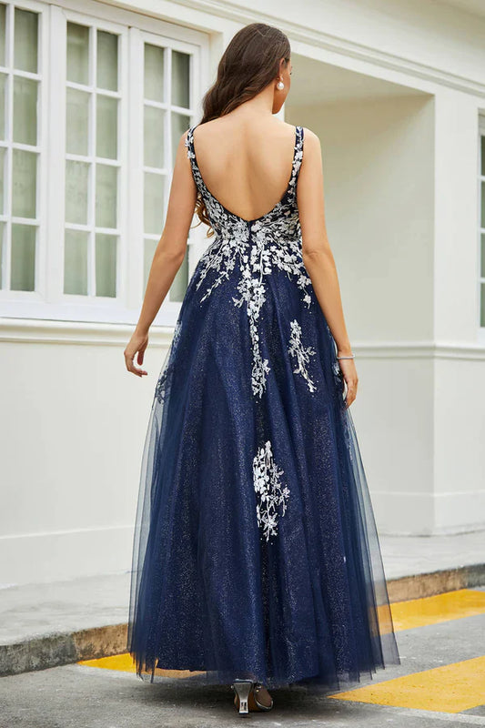 omberprom Elegant Evening Dress A-Line Prom Dresses Applique Tulle Long Gown