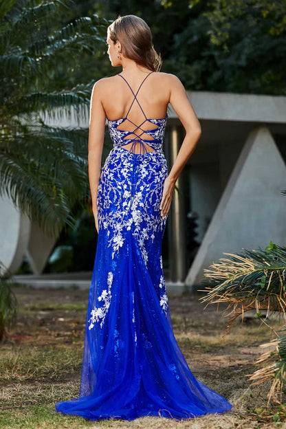 omberprom Fashion Evening Dress Slit Spaghetti Straps Applique Tulle Dress Prom Dresses