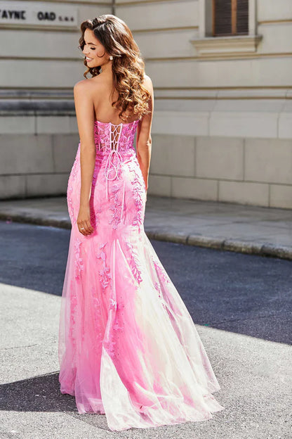 omberprom Elegant Pink Evening Dress Lace Applique Corset Bodice Tulle Dress Prom Dresses