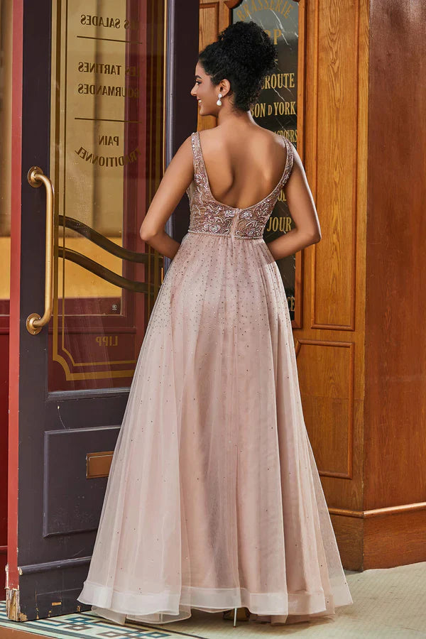 omberprom Elegant Evening Dress Beaded Rhinestone A-Line Sleeveless Long Prom Dresses