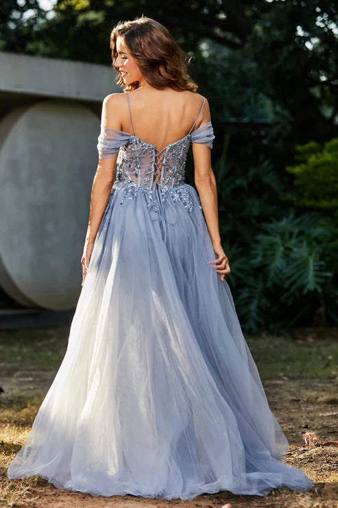 omberprom Elegant Prom Dresses Off Shoulder Applique A-Line Tulle Dress Evening Dress