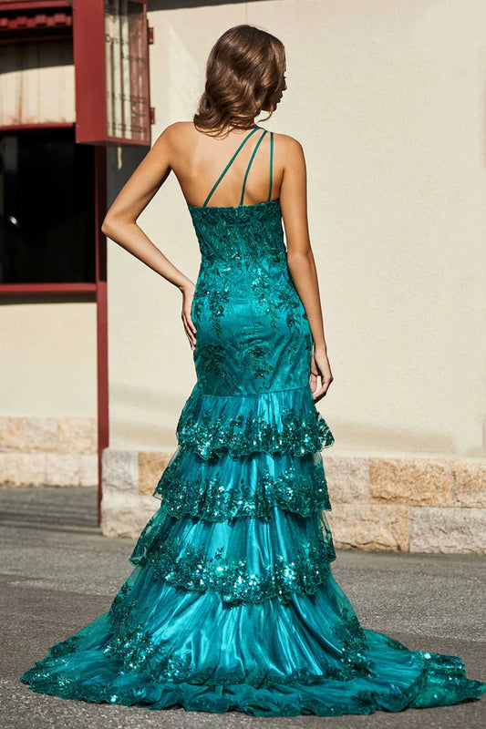 omberprom Evening Dress Elegant High Slit Ruffle Tiered Skirt Tulle Dress Prom Dresses