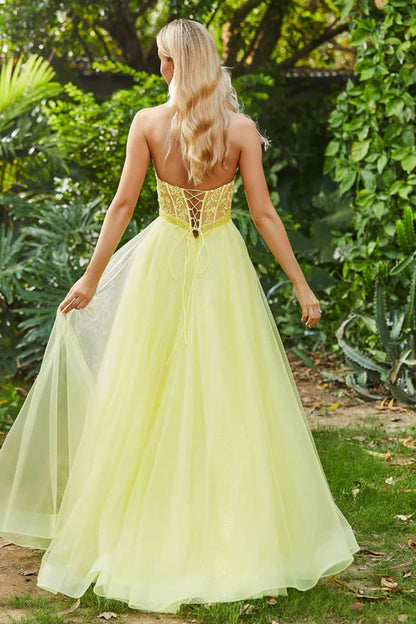 omberprom Elegant Prom Dresses Strapless Corset Top Beaded Applique Slit Tulle Dress