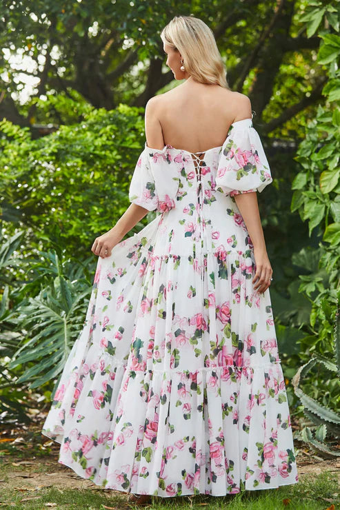 omberprom Elegant Prom Dresses Off Shoulder Flowers Ruffled Chiffon Long Dress