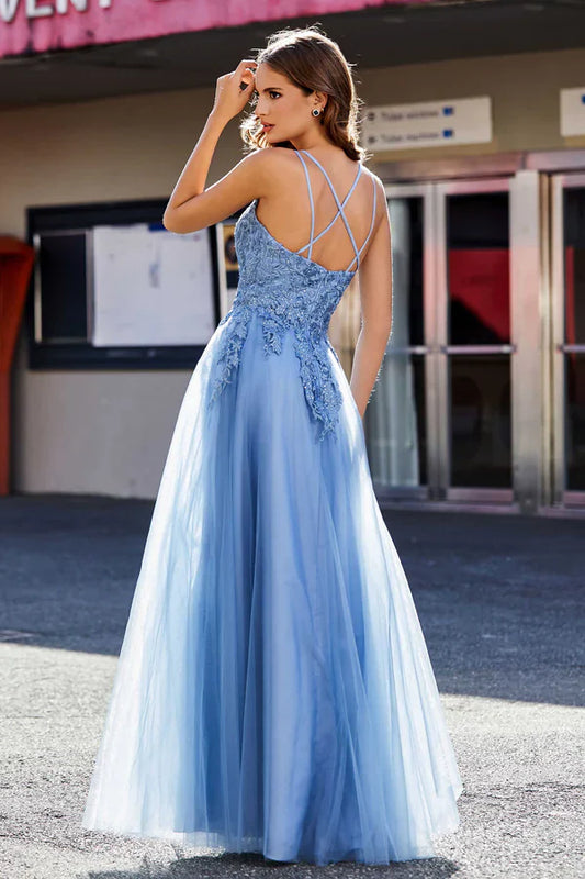omberprom Elegant A Line Evening Dress Lace Applique Bodice Prom Dresses Tulle Dress