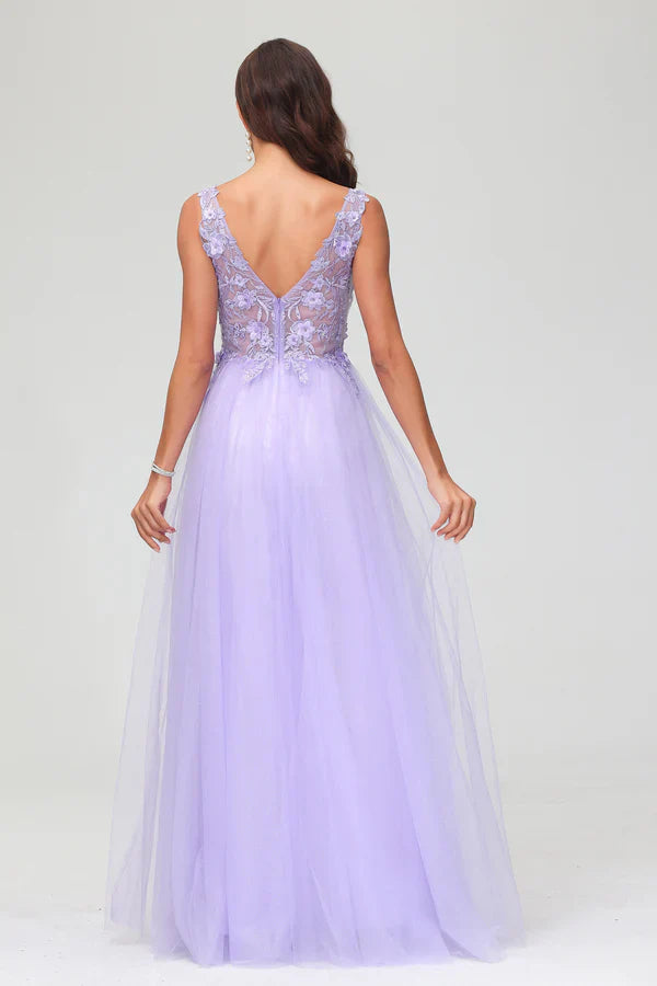 omberprom A Line Prom Dresses Applique V Neck Evening Dress Beaded Tulle Floor Length Dress