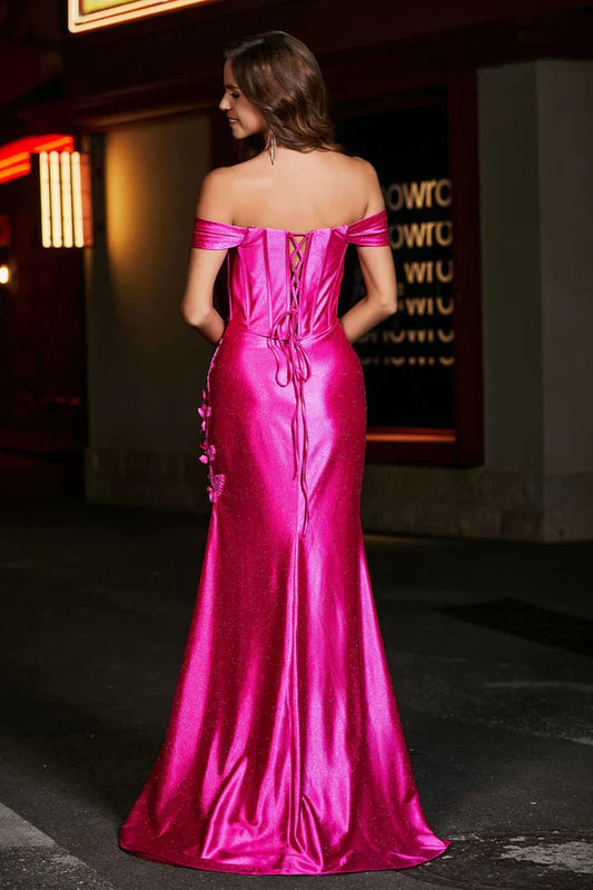 omberprom Elegant Prom Dresses Off Shoulder Corset Bodice Satin Dress Evening Dress