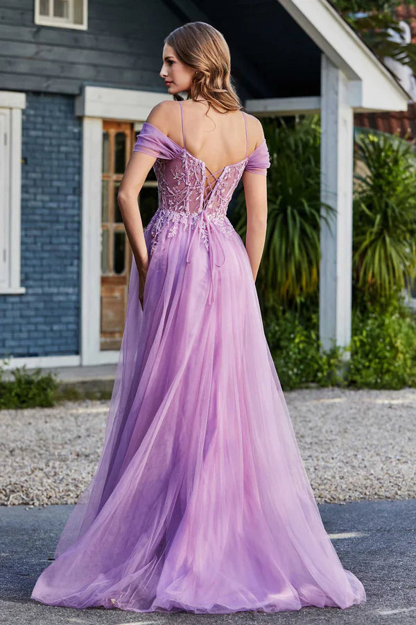 omberprom Elegant Evening Dress Lace Up Back Off Shoulder Tulle Dress Prom Dresses
