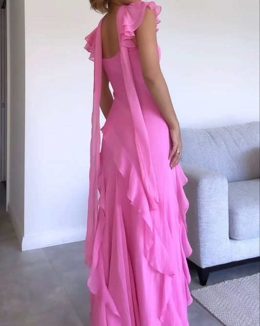 Beautiful Pink V Neck Chiffon Ruffle Mermaid Long Prom Dress Party Gown With Ribbon