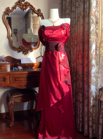 Stylish Burgundy Satin Ruffles Long Party Dress Evening Gown