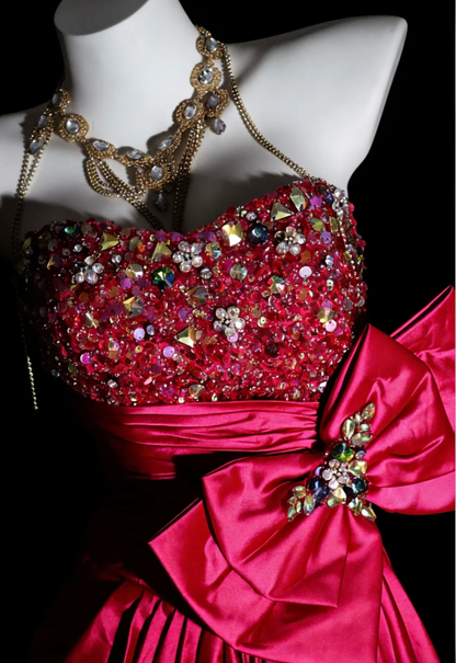 Fashion Hot Pink Satin Beaded Mermaid Long Evening Dress Formal Wedding Guest Dress With Bow SP1844
