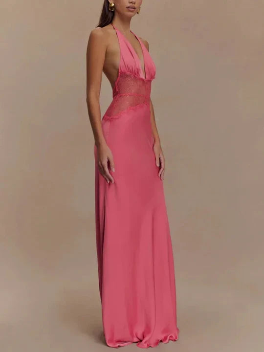 Charming Lace V-neck Prom Dress Sheath Halter-neck Evening Dress Long Formal Dress TP4716