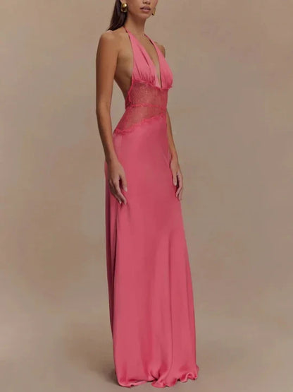 Charming Lace V-neck Prom Dress Sheath Halter-neck Evening Dress Long Formal Dress TP4716