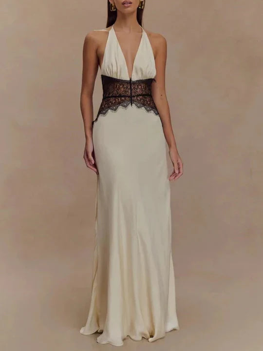 Charming Lace V-neck Prom Dress Sheath Halter-neck Evening Dress Long Formal Dress TP4716