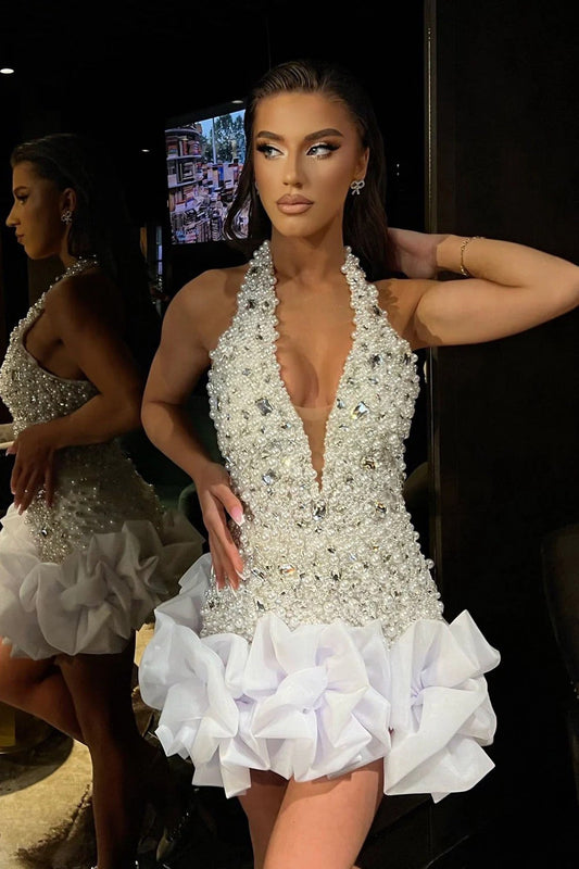 Luxury Pearl & Crystal Embellished Halter Homecoming Dress with Ruffled Hem