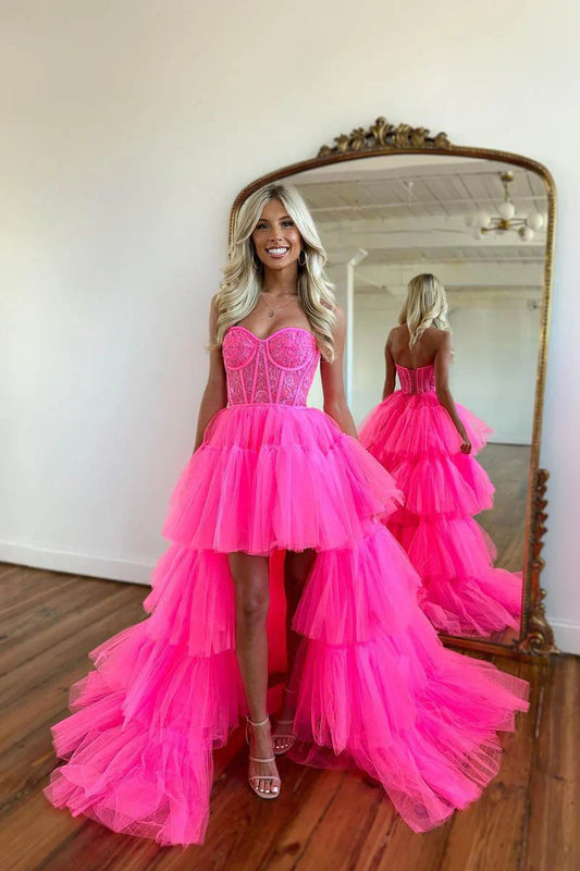 High Low Prom Dresses Hot Pink Tulle Evening Gown