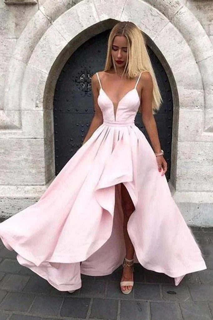 PM036,Light pink high low spaghetti straps prom homecoming dresses