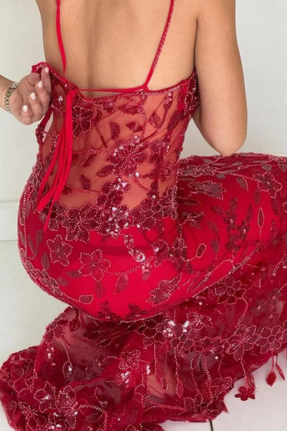 Hot Mermaid Spaghetti Straps Red Long Prom Dress with Embroidery
