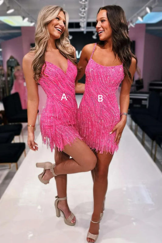 omberprom Homecoming Dress Hot Pink Bodycon Spaghetti Straps Short Sequin With Fringe