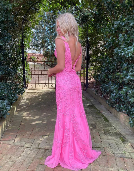omberprom Fashion Hot Pink Evening Dress Mermaid Plunge V Neck Lace Prom Dress