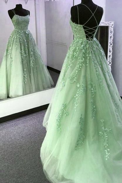 Tulle Lace Long Prom Dress Scoop Spaghetti Formal Evening Y2208