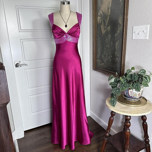 Pretty Hot Pink V Neck Satin Beaded Long Wedding Guest Dress Birthday Party Dress Evening Gown