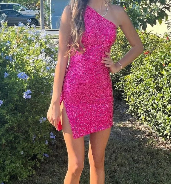 omberprom One Shoulder Sequins Simple Homecoming Dress Sparkly Party Dress Graduation Dress