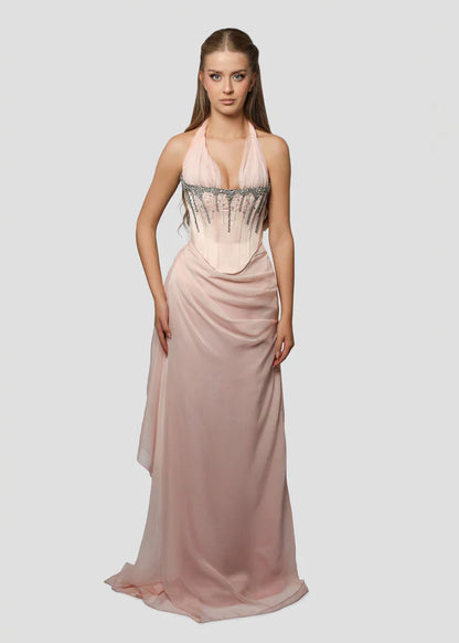 Vintage Pink Shiny Beaded Halter-neck Long Prom Dress Evening Dress TP4551