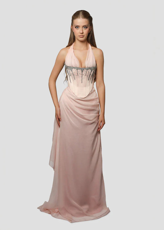 Vintage Pink Shiny Beaded Halter-neck Long Prom Dress Evening Dress TP4551