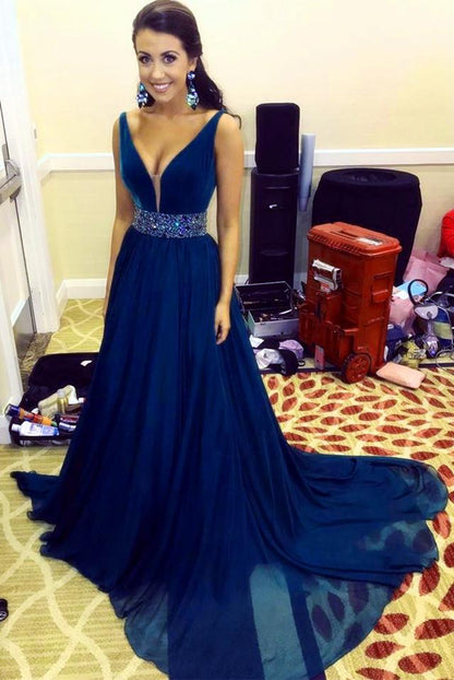 Deep V-neck Chiffon Sweep Train Prom Dresses Beaded Sashes Evening Gowns