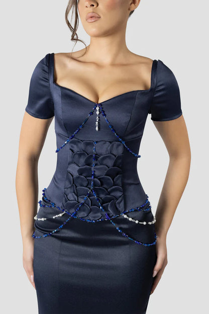 Vintage Dark Blue Mermaid Design Valentine Couture Satin Short-sleeved Prom Dress Evening Dress TP4225