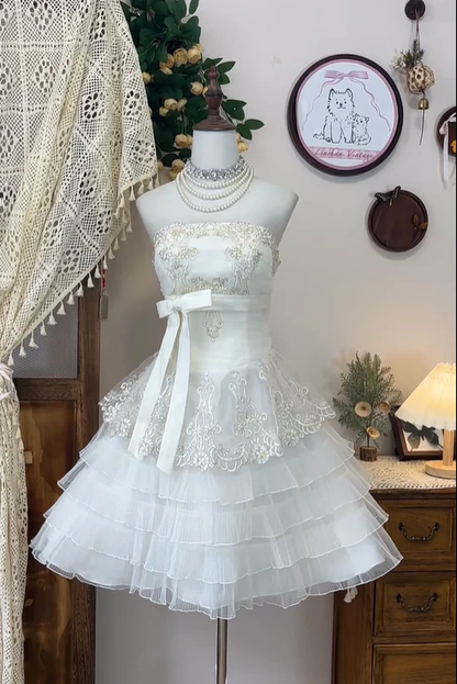 Charming Strapless White Tulle Lace Layered Short Wedding Dress Homecoming Dress Y8880