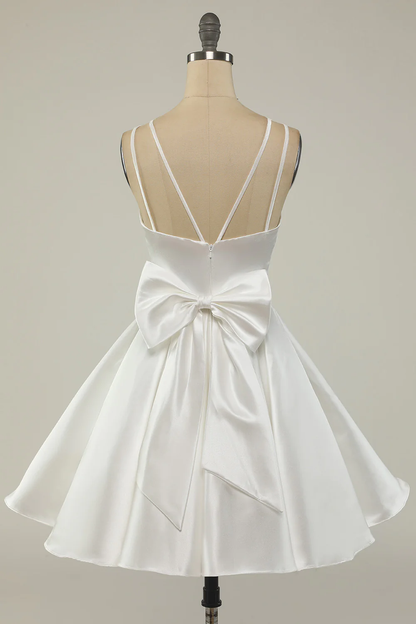White Satin A-line Graduation Dress,White Short Homecoming Dress  Y1849