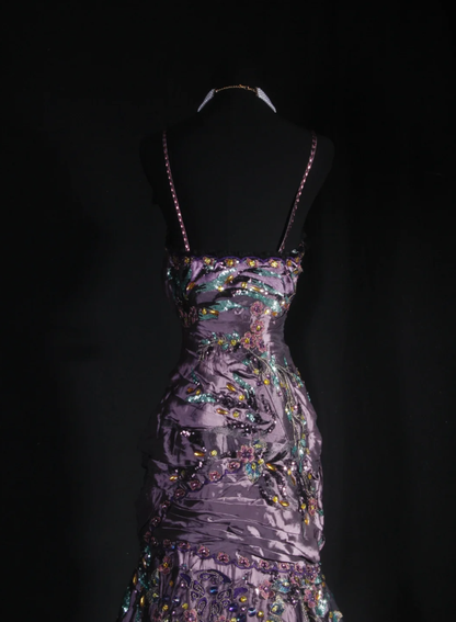 Charming Spaghetti Straps Satin Sequin Beaded Mermaid Evening Dress Purple Long Party Dress Prom Gown