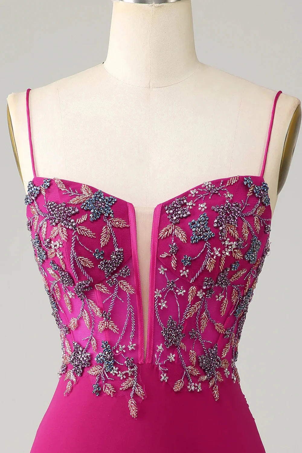 omberprom Short Homecoming Dress Stylish Bodycon Spaghetti Straps Fuchsia with Beaded