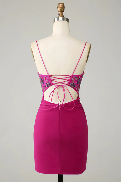 omberprom Short Homecoming Dress Stylish Bodycon Spaghetti Straps Fuchsia with Beaded