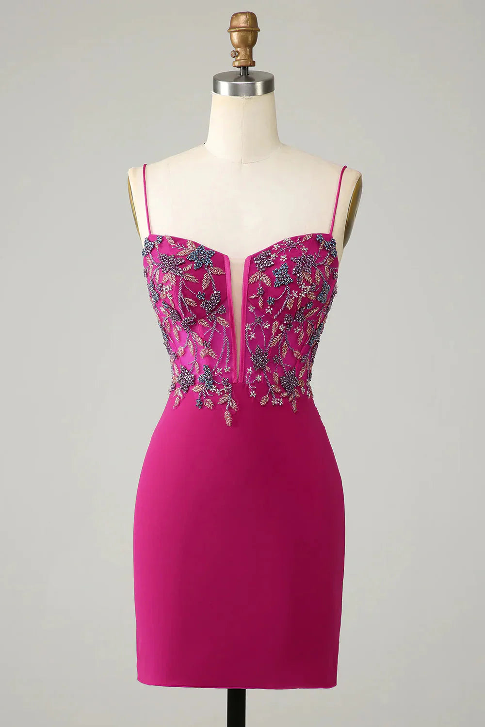 omberprom Short Homecoming Dress Stylish Bodycon Spaghetti Straps Fuchsia with Beaded